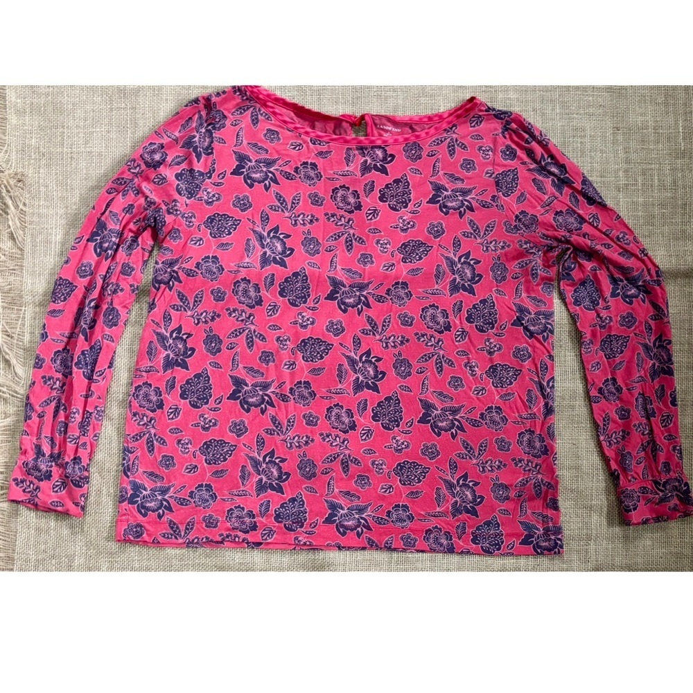 Lands End Orange Floral Dotted Lyocell Long Sleeve Tee T Shirt Size Large